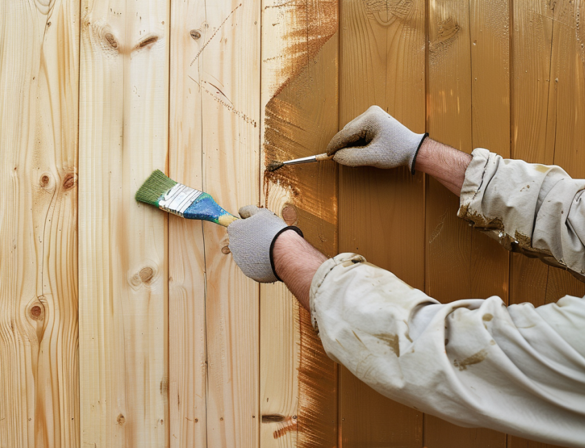 Streichungsprozess einer Holzwand.