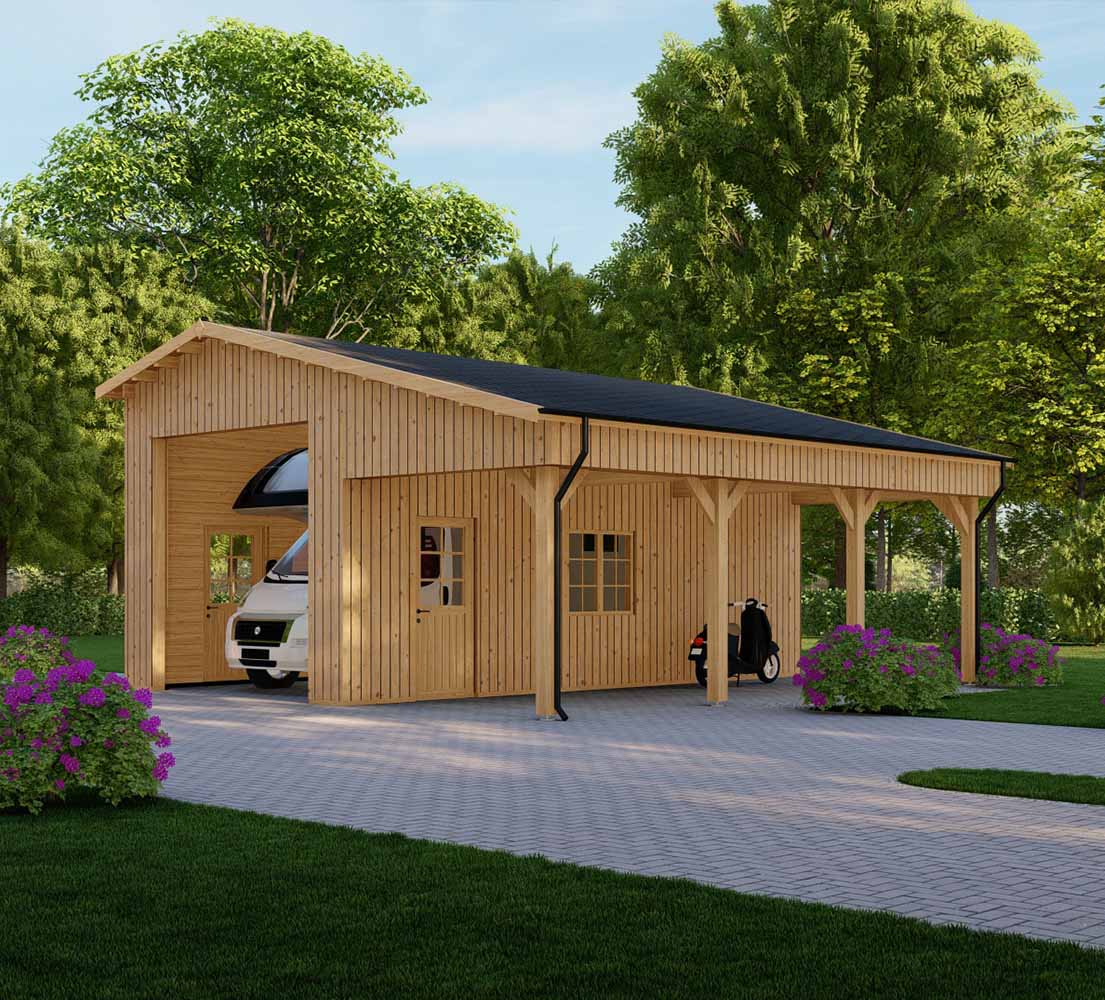 Holzgarage mit Satteldach Nigella mit Holzverkleidung, 7x8 m, BF 58 m² ohne Tor