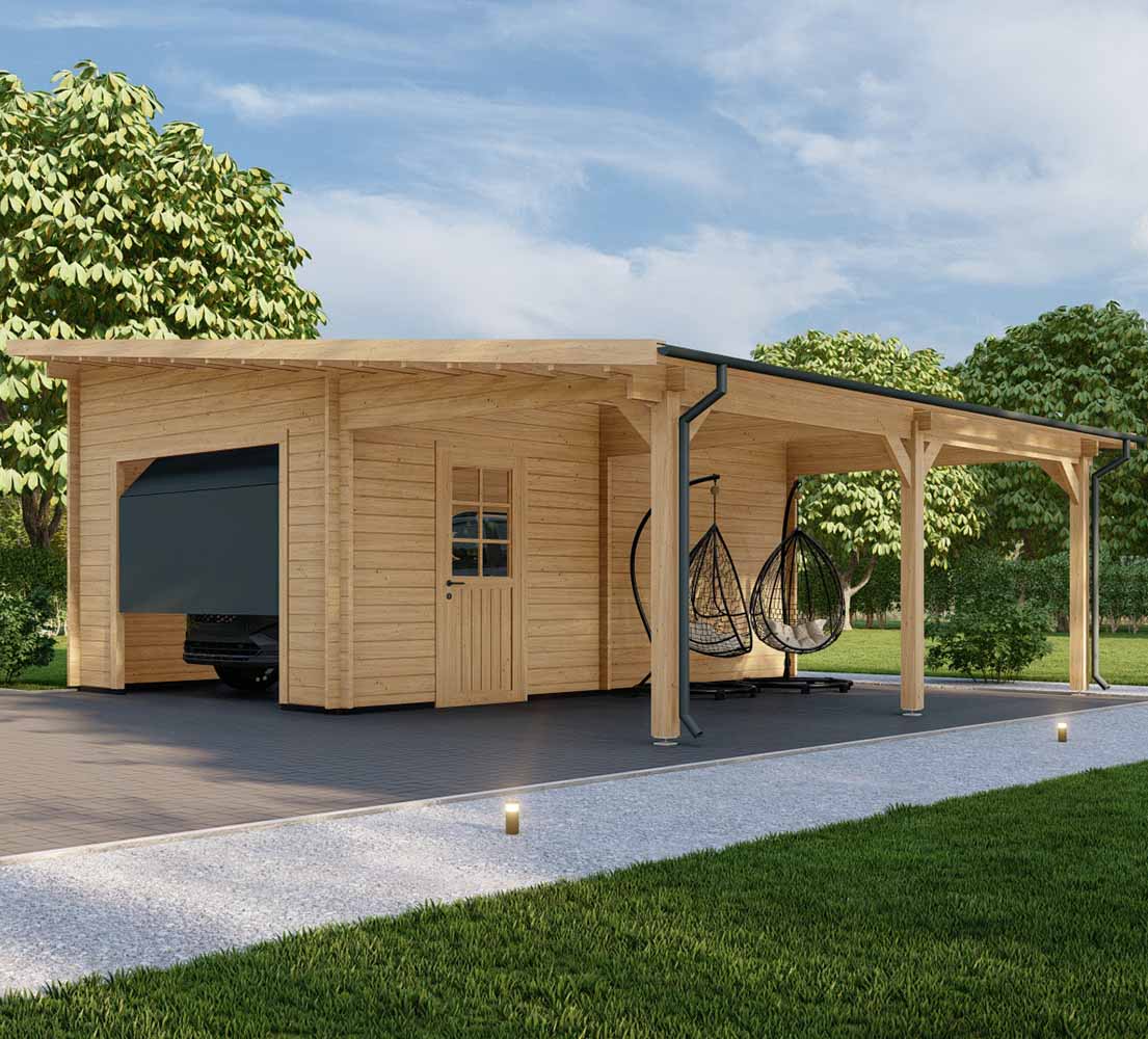 Holzgarage mit Carport Carpinus, 7x6 m, BF 40 m² mit Sektionaltor