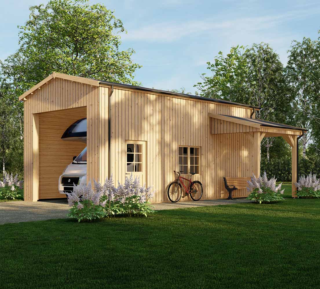 Holzgarage mit Satteldach Betula mit Holzverkleidung, 4x8 m, BF 40 m² mit Vordach ohne Tor