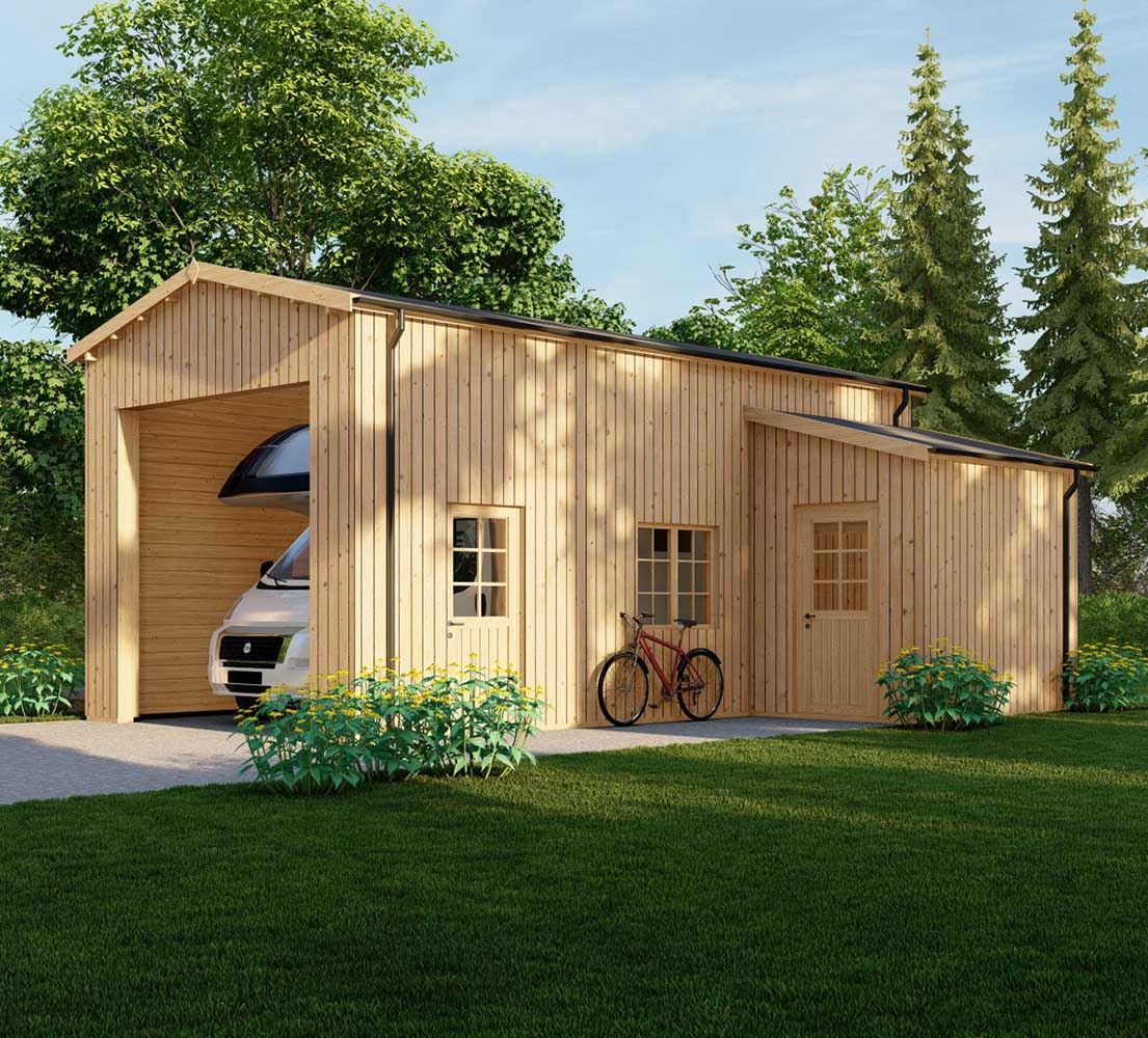 Holzgarage Betula mit Holzverkleidung, 4x8 m, BF 40 m² mit Abstellraum ohne Tor