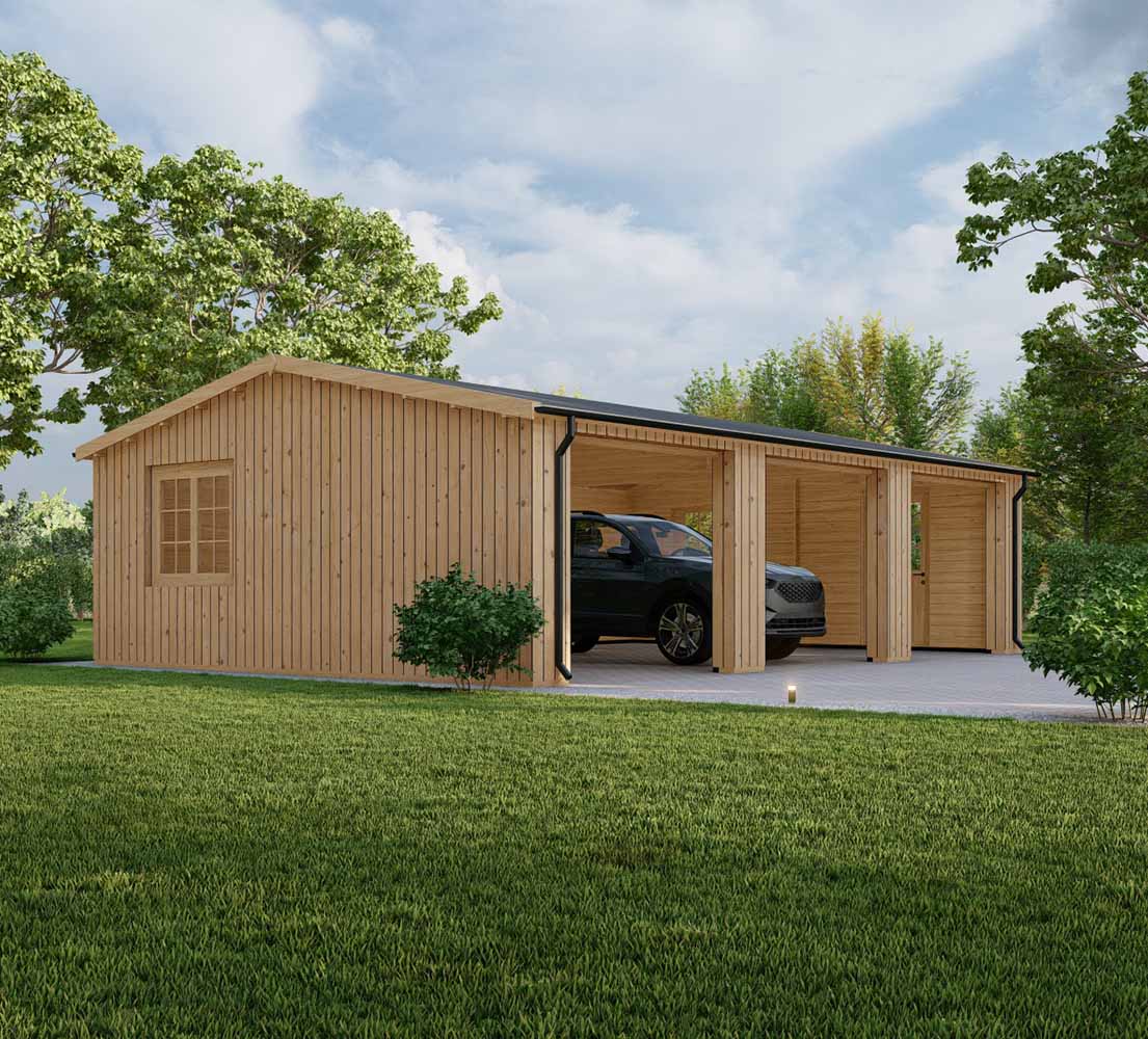 Holzgarage mit Satteldach Picea mit Holzverkleidung, 9x6 m, BF 55 m² ohne Tore