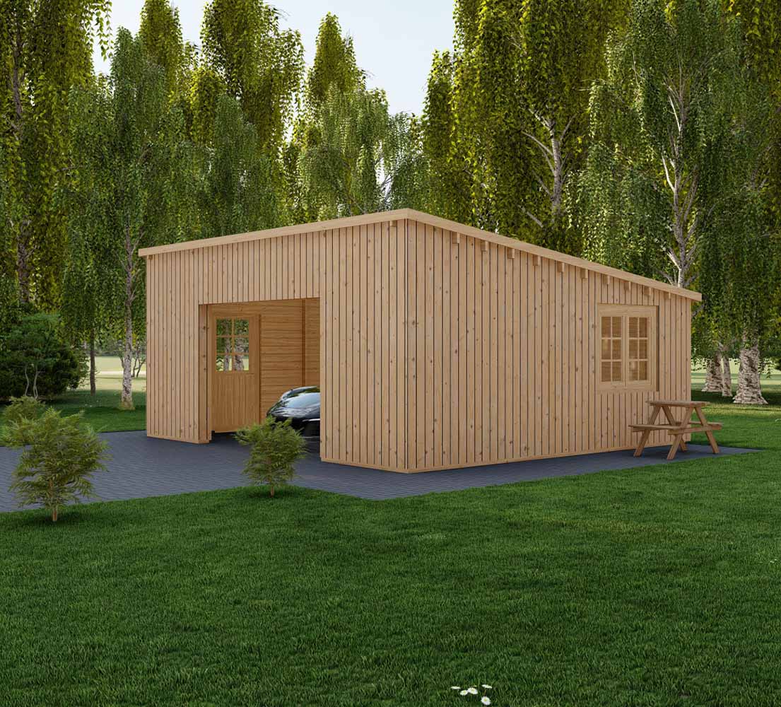  Einzelgarage aus Holz Fagus V3 mit Holzverkleidung, 6x6 m, BF 34 m² ohne Tor