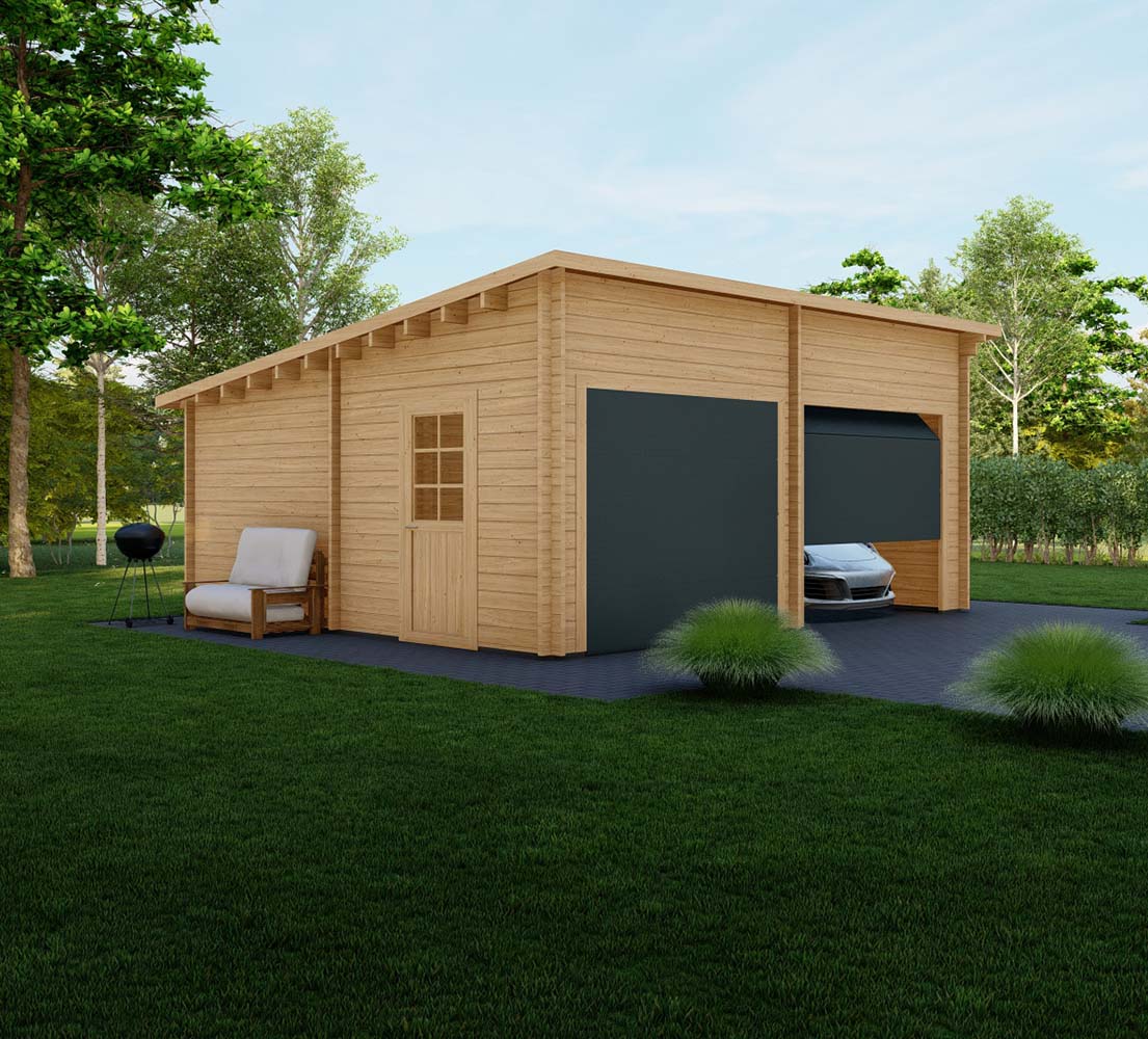 Holzgarage mit Pultdach Fagus V2, 6x6 m, BF 30 m² mit Sektionaltoren