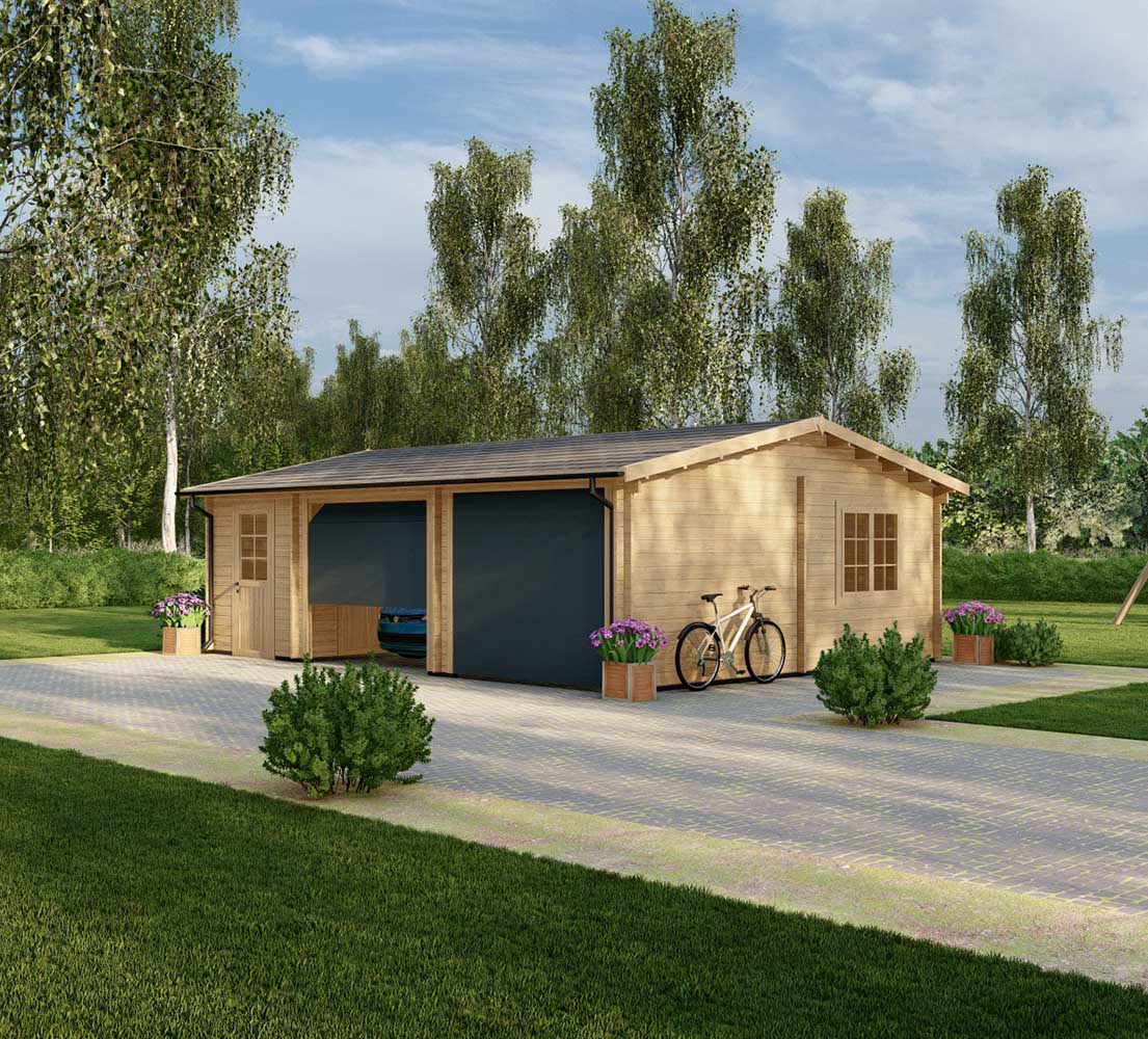 Holzgarage mit Satteldach Acer mit Abstellraum, 8x6 m, BF 45 m² mit Sektionaltoren