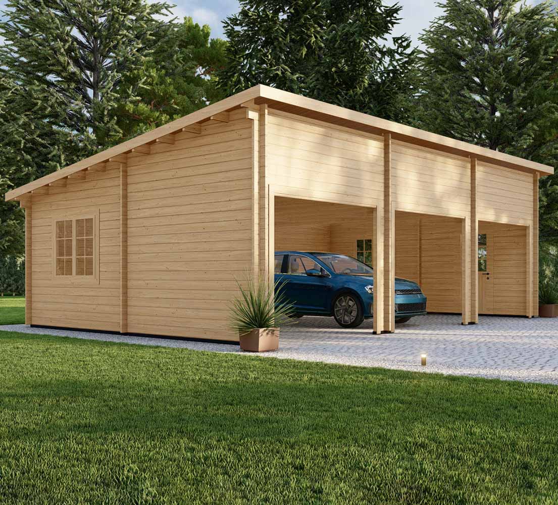 Dreifachgarage aus Holz Pinus, 9x6 m, BF 50 m² ohne Tore