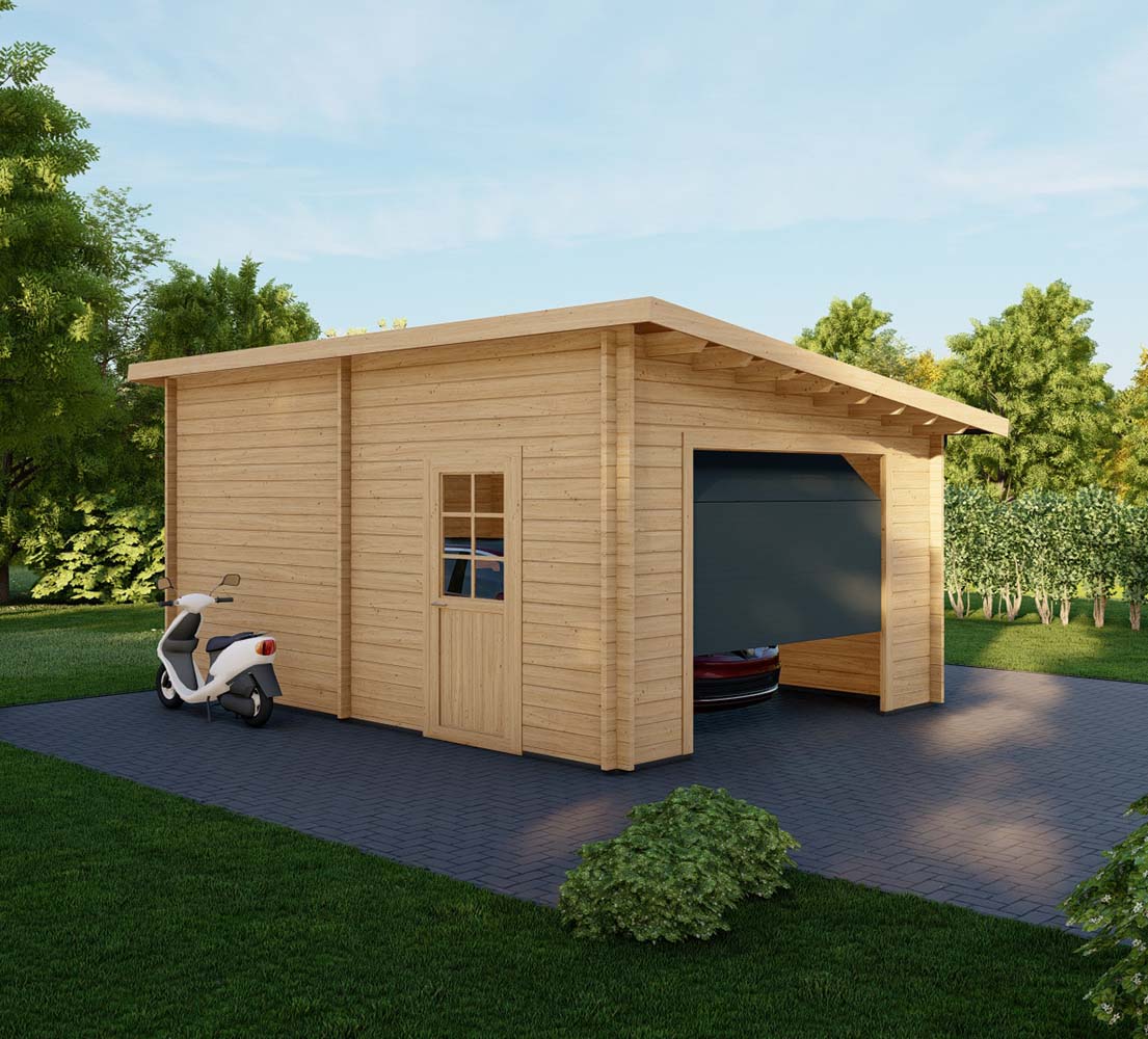 Holzgarage mit Pultdach Sorbus, 4x6 m, BF 20 m² mit Sektionaltor