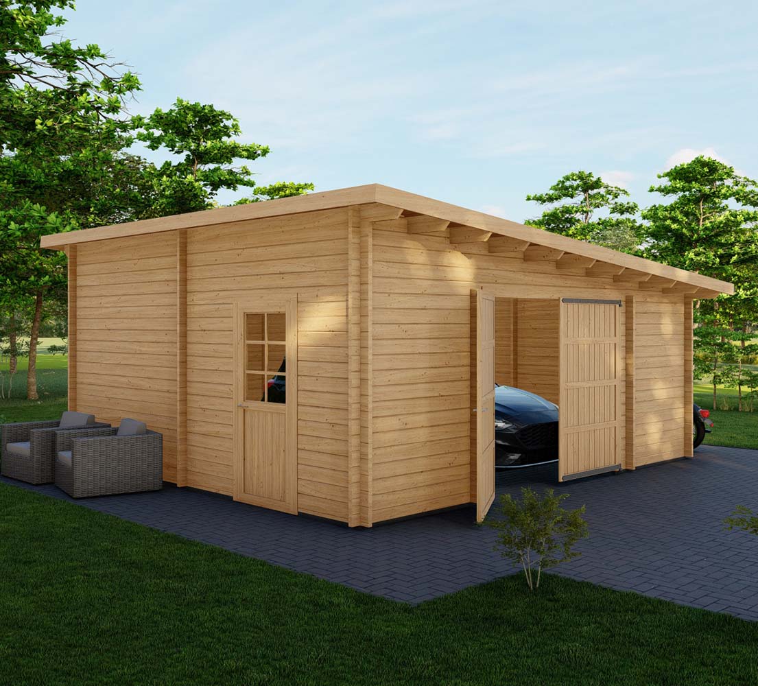 Holzgarage mit Pultdach Taxus, 6x6 m, BF 30 m² mit Holztor