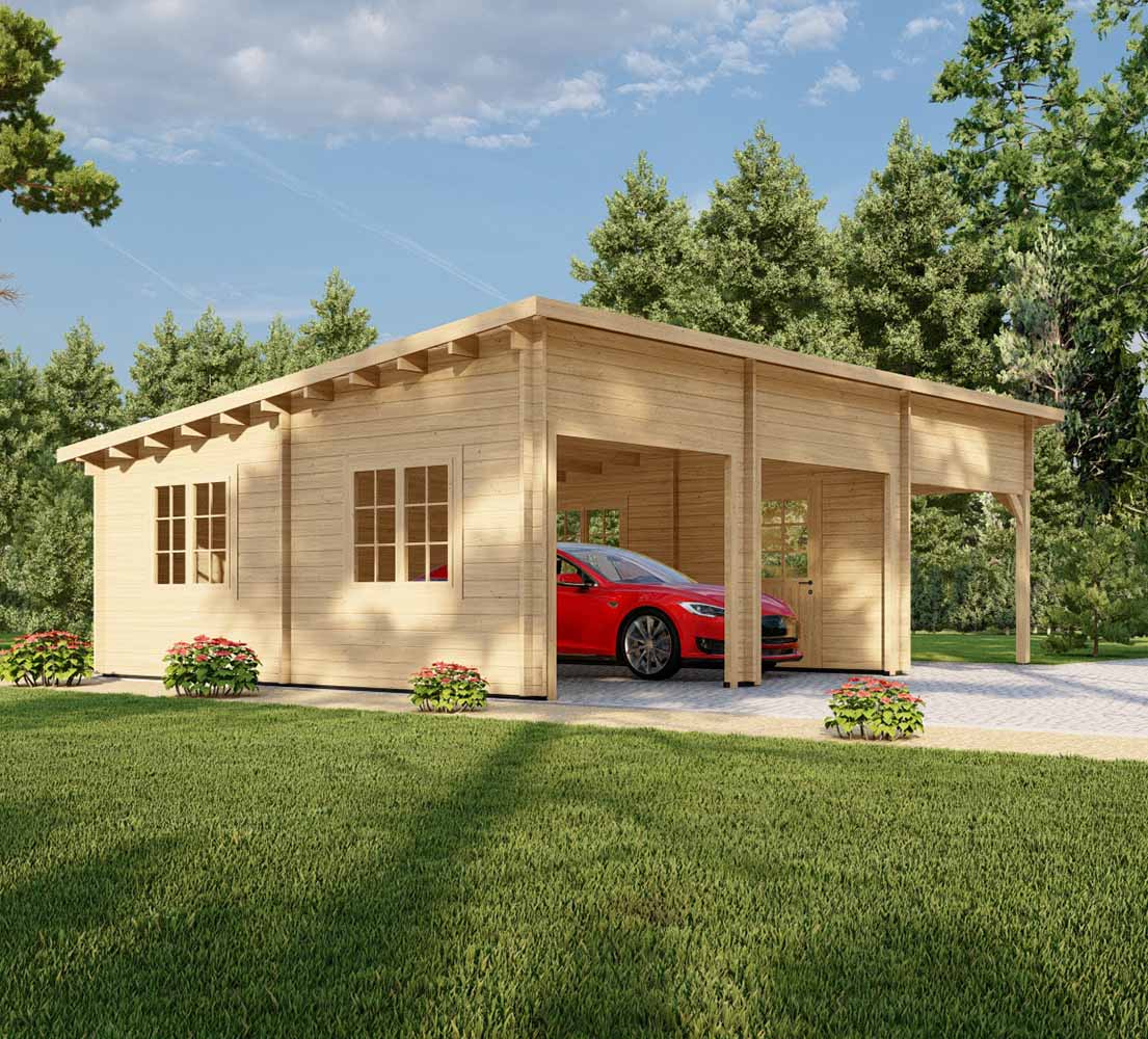 Holzgarage mit Carport Platanus, 9x6 m, BF 50 m² ohne Tore