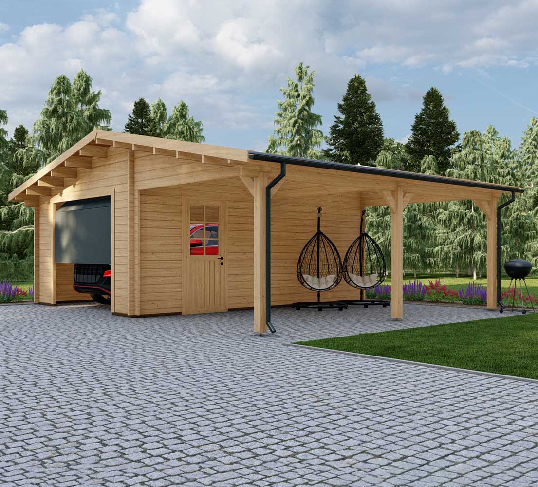 Holzgarage mit Carport Quercus, 7x6 m, BF 40 m² mit Sektionaltor