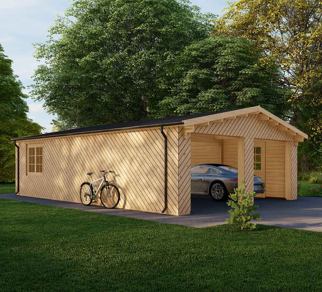 Holzgarage mit Satteldach Laurus mit Holzverkleidung, 6x9 m, BF 55 m² ohne Tore