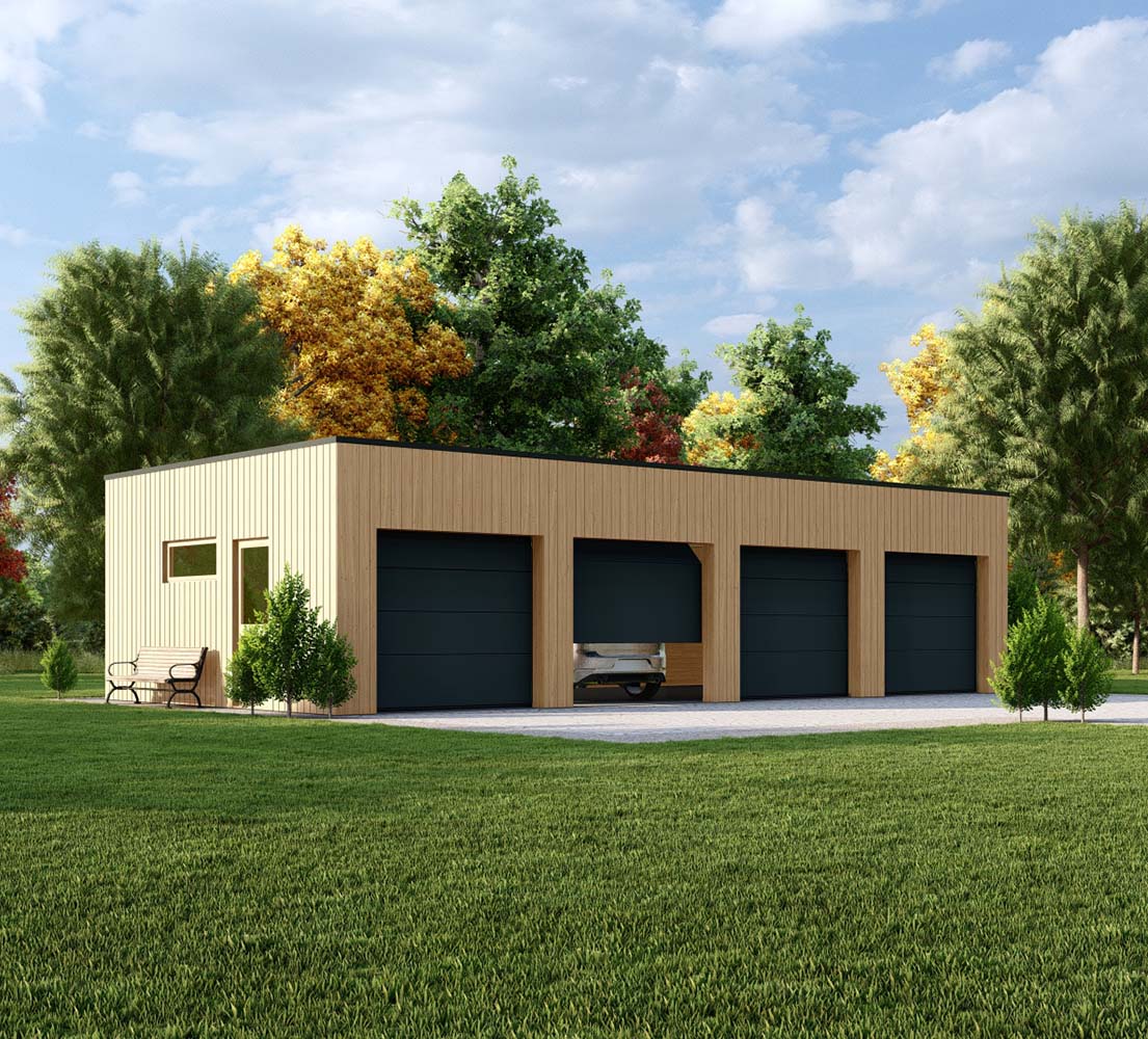 Blockbohlengarage Butomus mit Holzverkleidung 12x6m, BF 73m² mit Sektionaltor