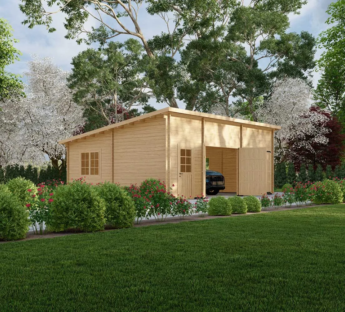 Holzgarage mit Pultdach Abies mit Abstellraum, 8x6 m, BF 45 m2 mit Holztoren Holzgarage mit Pultdach Abies mit Abstellraum, 8x6 m, BF 45 m2 mit Holztoren
