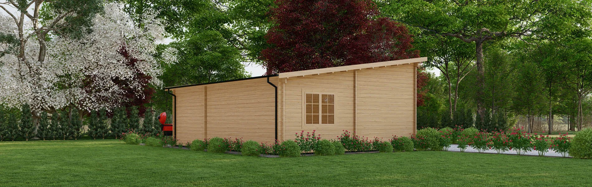 Blockbohlengarage Abies mit Abstellraum, 8×6 m, BF 45 m2 mit Holztoren 3