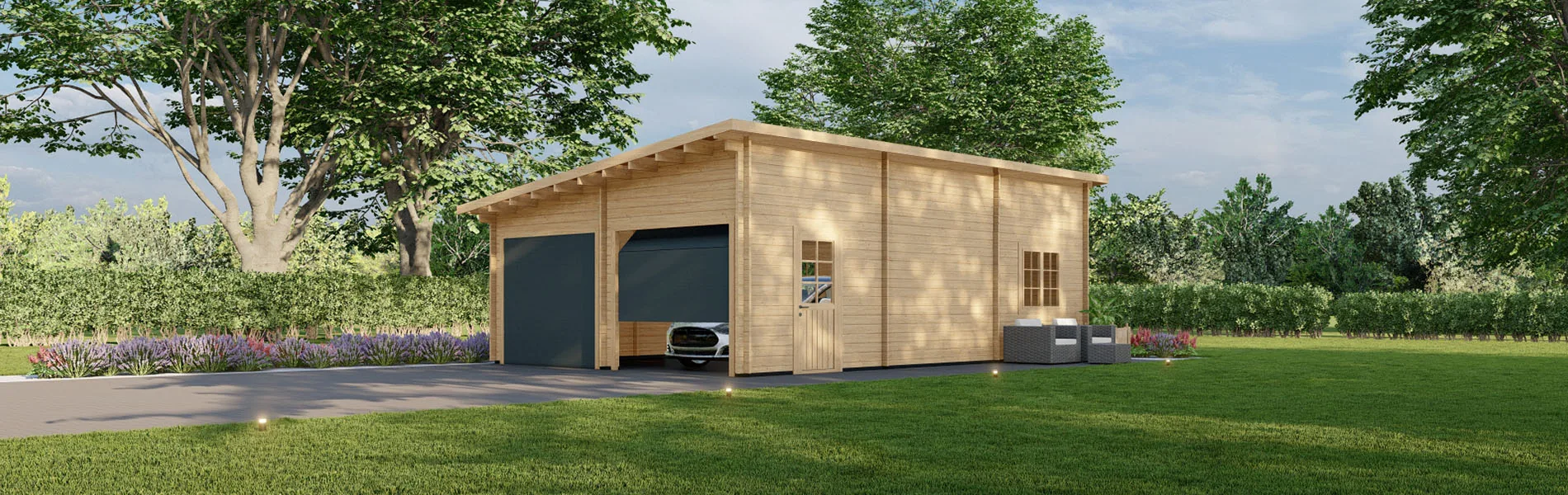 Doppelgarage aus Holz Populus, 6×9 m, BF 50 m2 mit Sektionaltoren 1