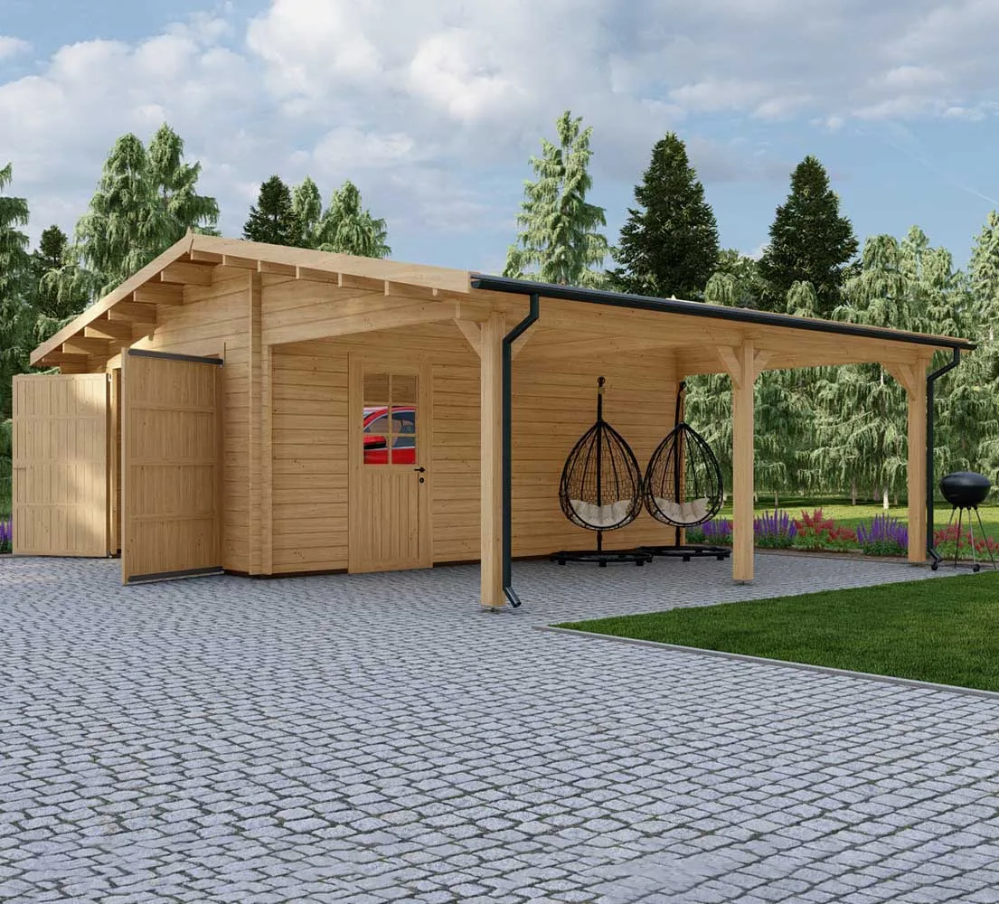 Holzgarage mit Carport Quercus, 7x6 m, BF 40 m2 mit Holztor Holzgarage mit Carport Quercus, 7x6 m, BF 40 m2 mit Holztor