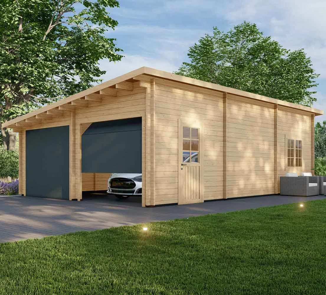 Holzgarage mit Pultdach Populus, 6x9 m, BF 50 m2 mit Sektionaltoren Holzgarage mit Pultdach Populus, 6x9 m, BF 50 m2 mit Sektionaltoren