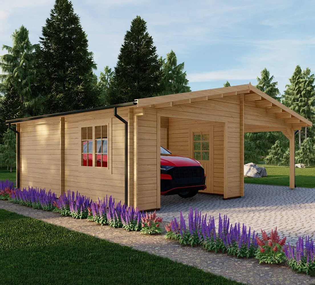 Holzgarage mit Carport Quercus, 7x6 m, BF 40 m2 ohne Tor Holzgarage mit Carport Quercus, 7x6 m, BF 40 m2 ohne Tor