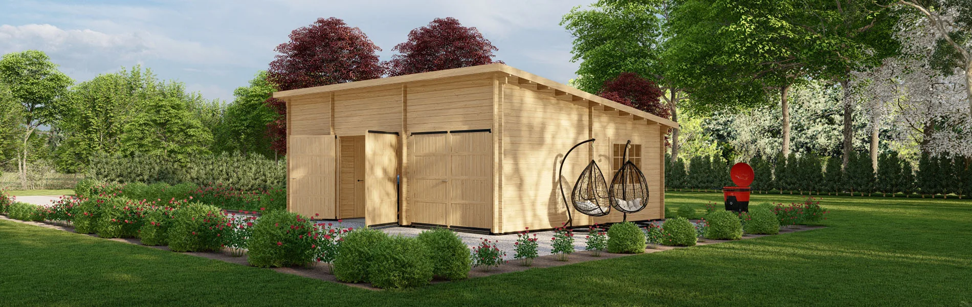 Blockbohlengarage Abies mit Abstellraum, 8×6 m, BF 45 m2 mit Holztoren 2
