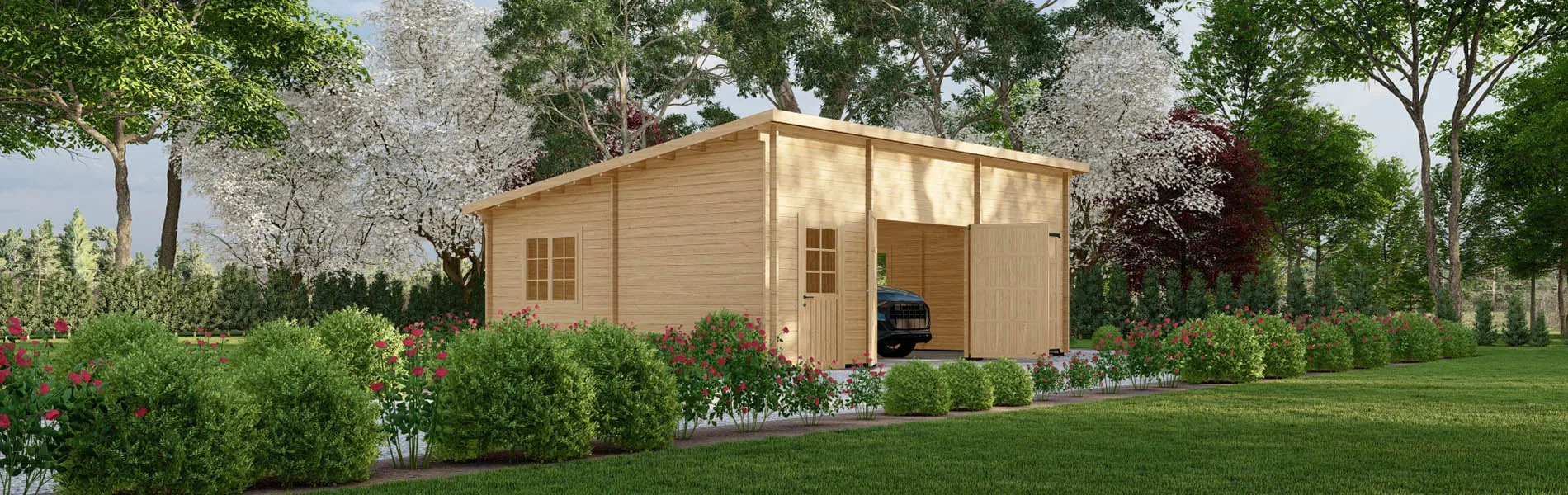 Blockbohlengarage Abies mit Abstellraum, 8×6 m, BF 45 m2 mit Holztoren 1