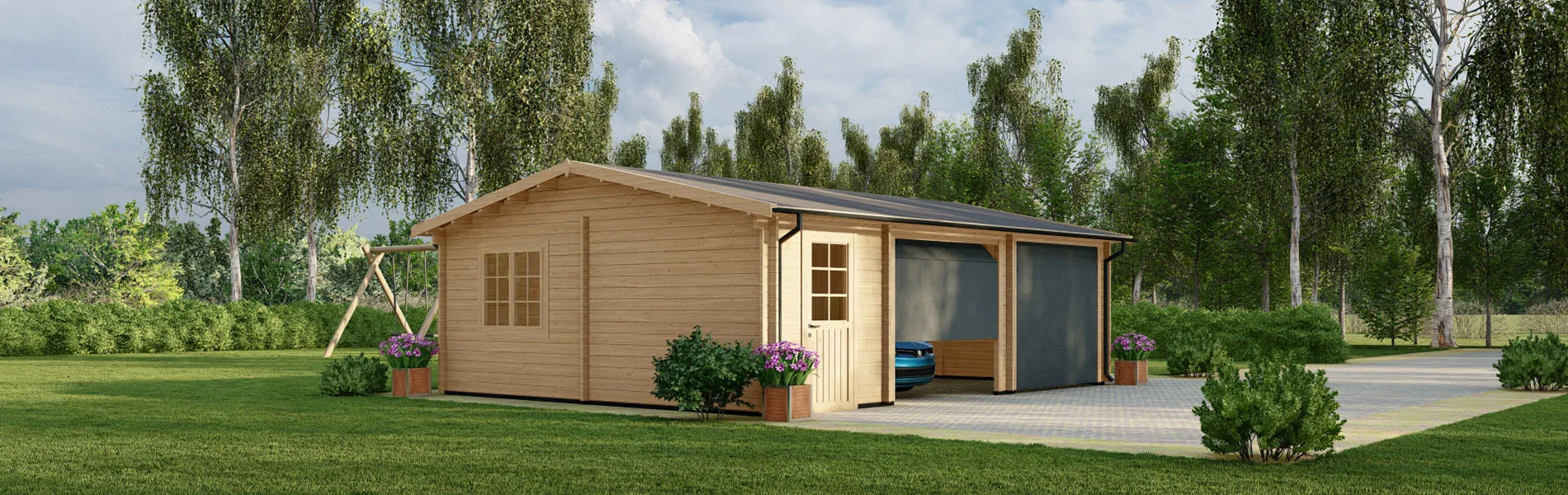 Blockbohlengarage Acer mit Abstellraum, 8×6 m, BF 45 m2 mit Sektionaltoren 2