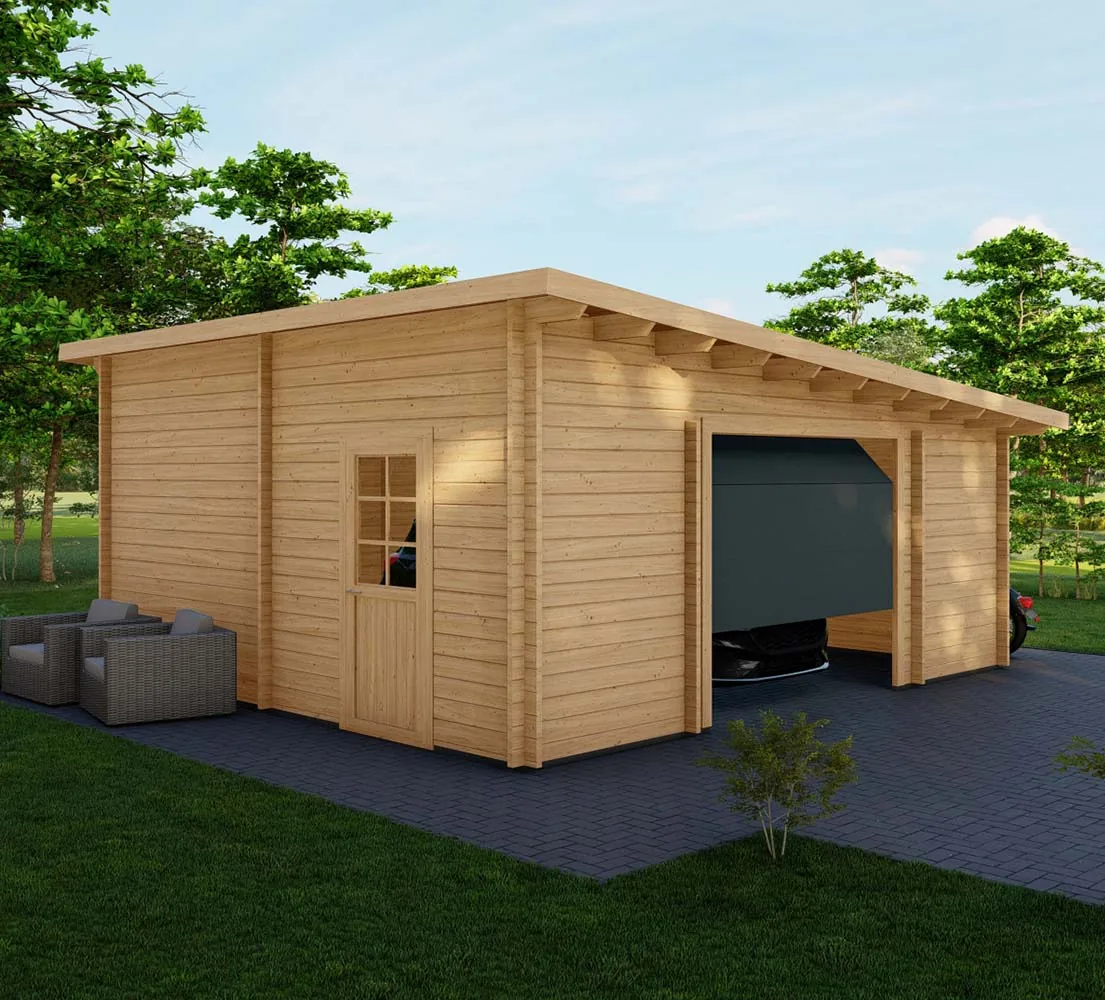 Holzgarage mit Pultdach Taxus, 6x6 m, BF 30 m2 mit Sektionaltor Holzgarage mit Pultdach Taxus, 6x6 m, BF 30 m2 mit Sektionaltor