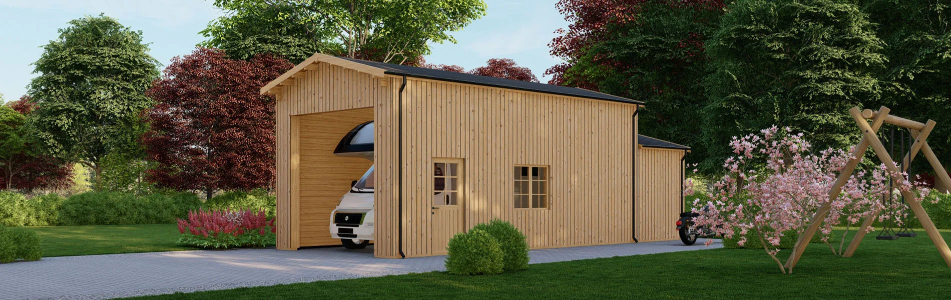 Wohnmobil garage Betula mit Holzverkleidung, 4×8 m, BF 44 m2 mit Anbau ohne Tor 4
