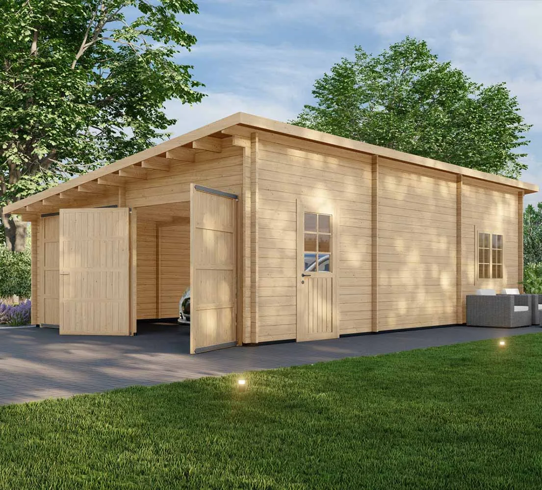 Holzgarage mit Pultdach Populus, 6x9 m, BF 50 m2 mit Holztoren Holzgarage mit Pultdach Populus, 6x9 m, BF 50 m2 mit Holztoren