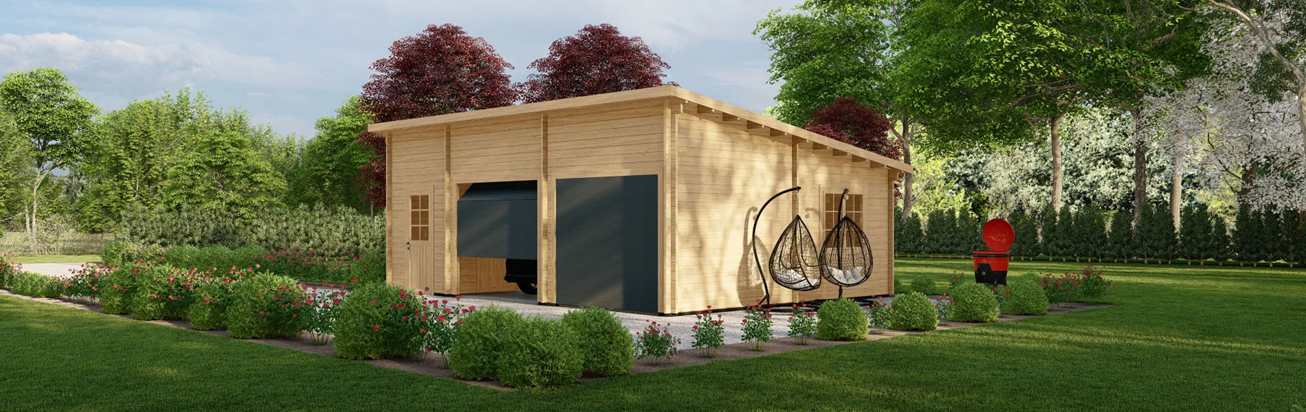 Blockbohlengarage Abies mit Abstellraum, 8×6 m, BF 45 m2 mit Sektionaltoren 1