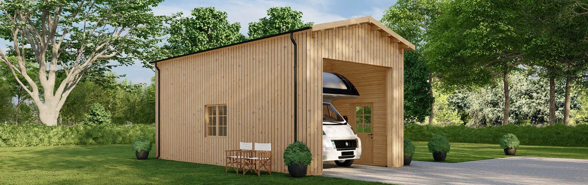 Wohnmobil garage Betula mit Holzverkleidung, 4×8 m, BF 33 m2 ohne Tor 1