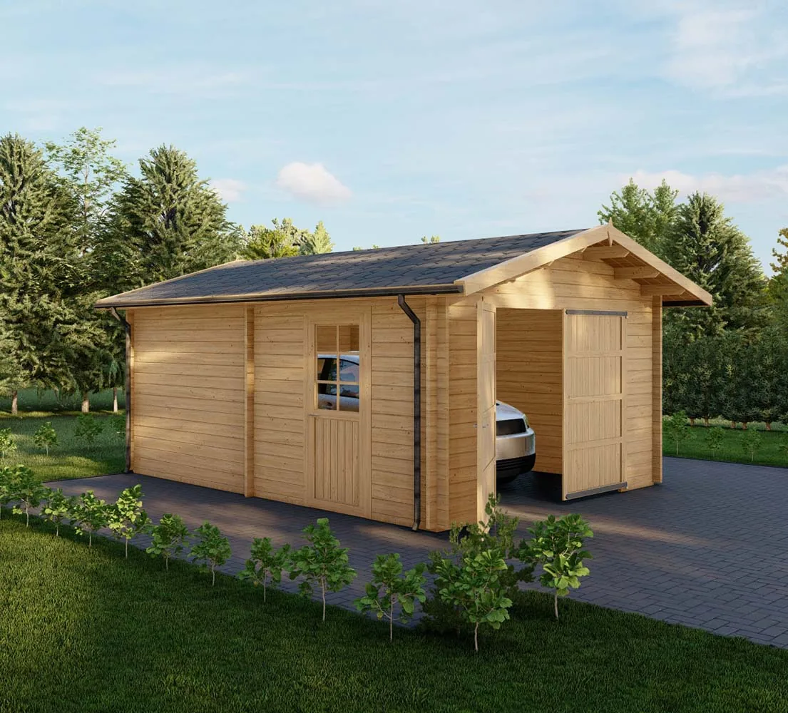 Holzgarage mit Satteldach Alnus, 4x6 m, BF 20 m2 mit Holztor