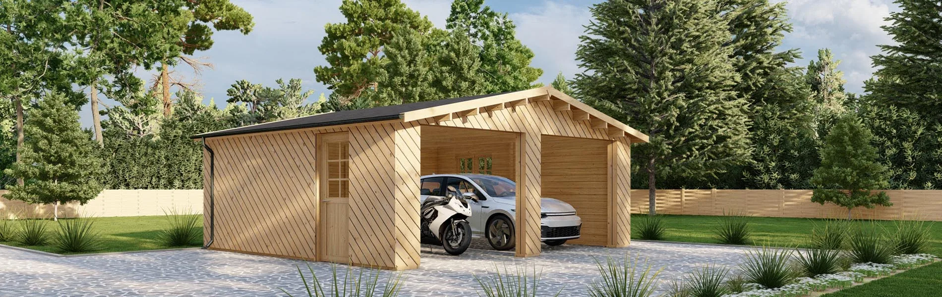 Doppelgarage aus Holz Larix V2 mit Holzverkleidung, 6×6 m, BF 34 m2 ohne Tore 2