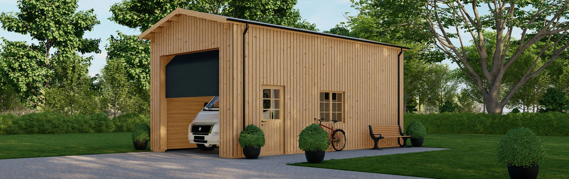 Wohnmobil garage Betula mit Holzverkleidung, 4×8 m, BF 33 m2 mit Sektionaltor 4