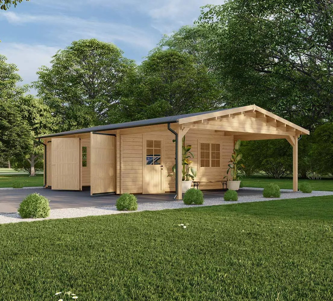Holzgarage mit Carport Prunus, 9x6 m, BF 50 m2 mit Holztoren Holzgarage mit Carport Prunus, 9x6 m, BF 50 m2 mit Holztoren