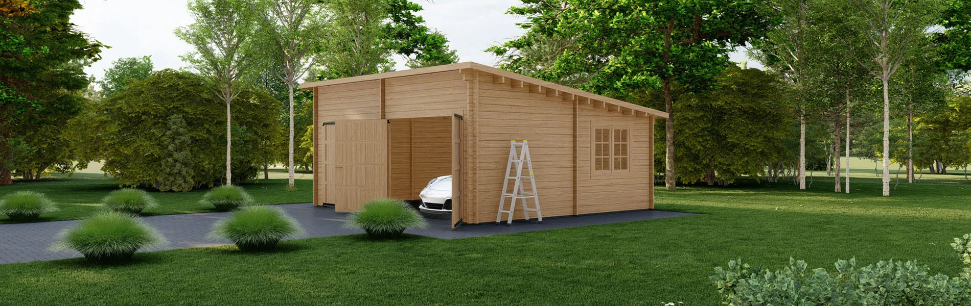 Holzgarage mit Pultdach Fagus V2, 6×6 m, BF 30 m2 mit Holztoren 2