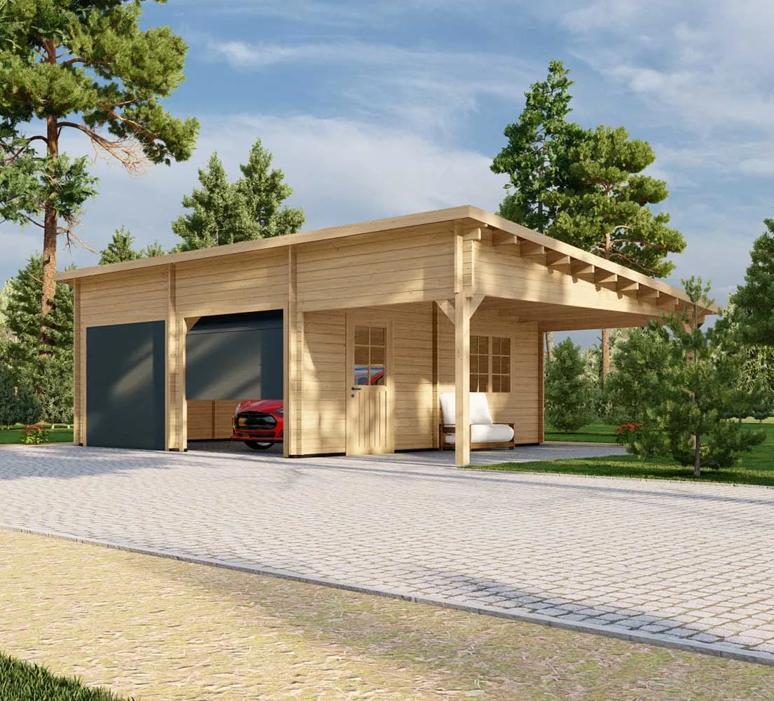 Holzgarage mit Carport Platanus, 9x6 m, BF 50 m2 mit Sektionaltoren Holzgarage mit Carport Platanus, 9x6 m, BF 50 m2 mit Sektionaltoren