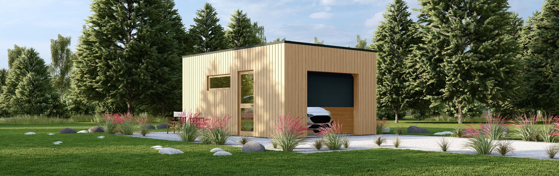 Holzgarage mit Flachdach Fraxinus mit Holzverkleidung, 4×6 m, BF 26 m2 mit Sektionaltor 1