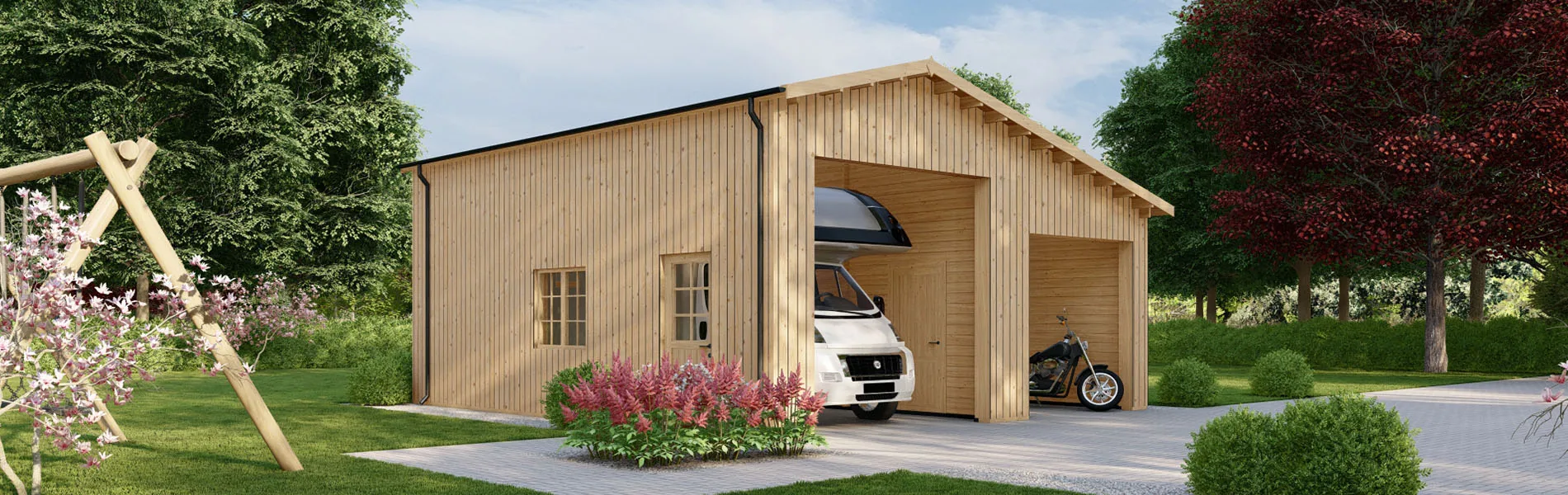 Wohnmobil garage Linum mit Holzverkleidung, 7×8 m, BF 58 m2 ohne Tor 1
