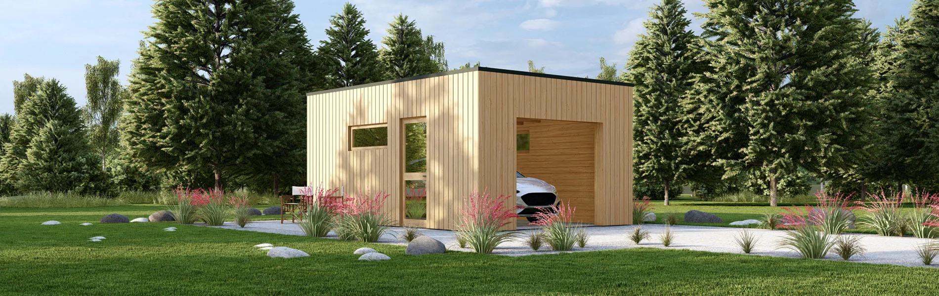 Holzgarage mit Flachdach Fraxinus mit Holzverkleidung, 4×6 m, BF 26 m2 ohne Tor 1