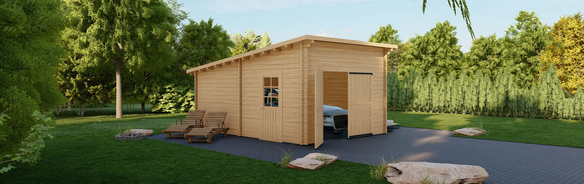 Holzgarage mit Pultdach Tilia, 4×6 m, BF 20 m2 mit Holztor 1