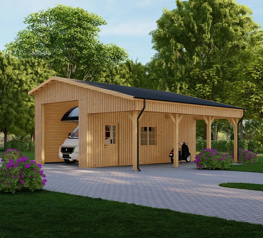 Holzgarage mit Carport Nigella mit Holzverkleidung, 7x8 m, BF 58 m2 ohne Tor Holzgarage mit Carport Nigella mit Holzverkleidung, 7x8 m, BF 58 m2 ohne Tor