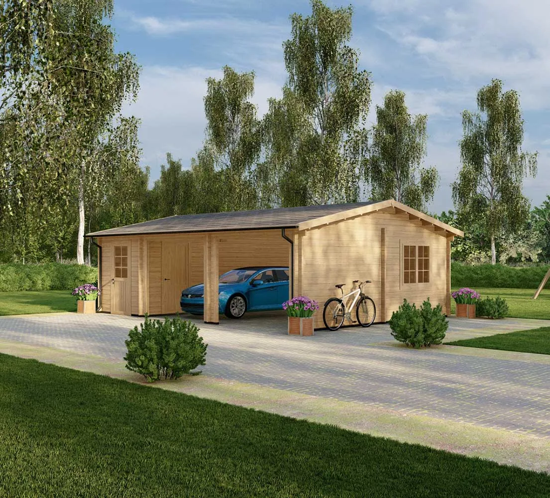 Blockbohlengarage Acer mit Abstellraum, 8x6 m, BF 45 m2 ohne Tore Blockbohlengarage Acer mit Abstellraum, 8x6 m, BF 45 m2 ohne Tore