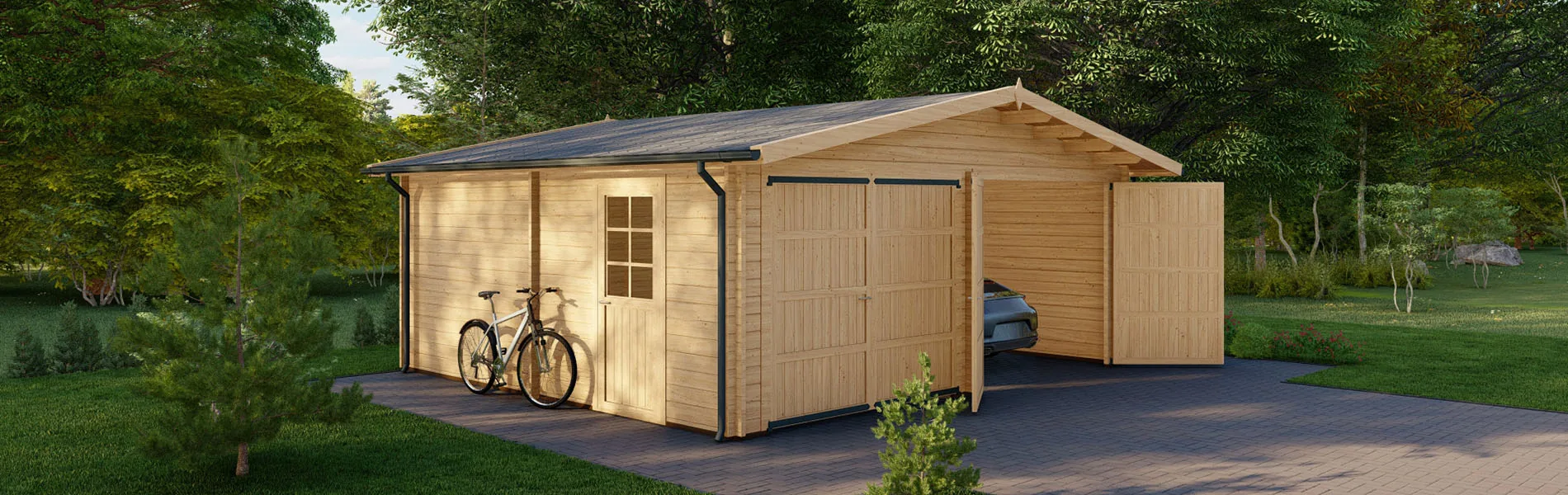 Holzgarage mit Satteldach Larix V2, 6×6 m, BF 30 m2 mit Holztoren 1