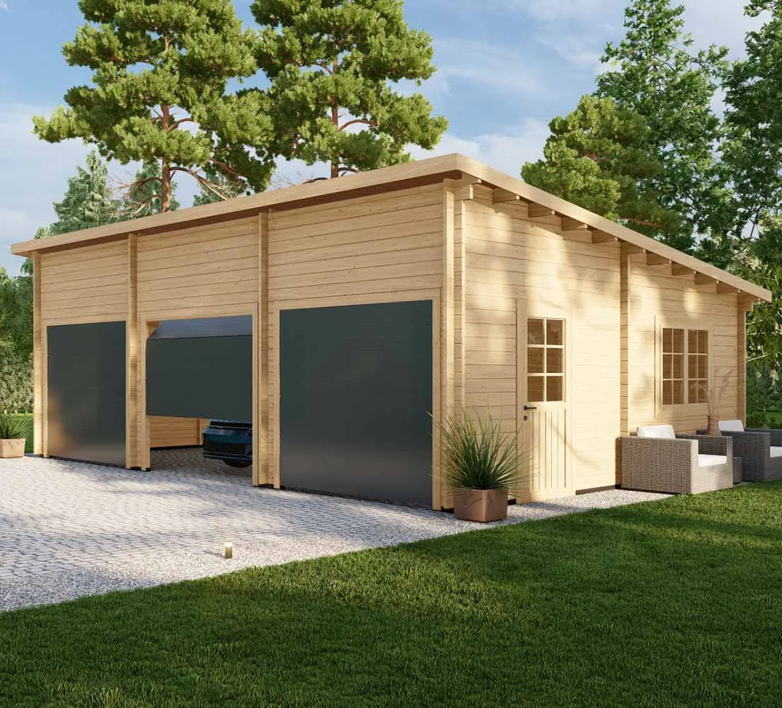 Holzgarage mit Pultdach Pinus, 9x6 m, BF 50 m2 mit Sektionaltoren Holzgarage mit Pultdach Pinus, 9x6 m, BF 50 m2 mit Sektionaltoren
