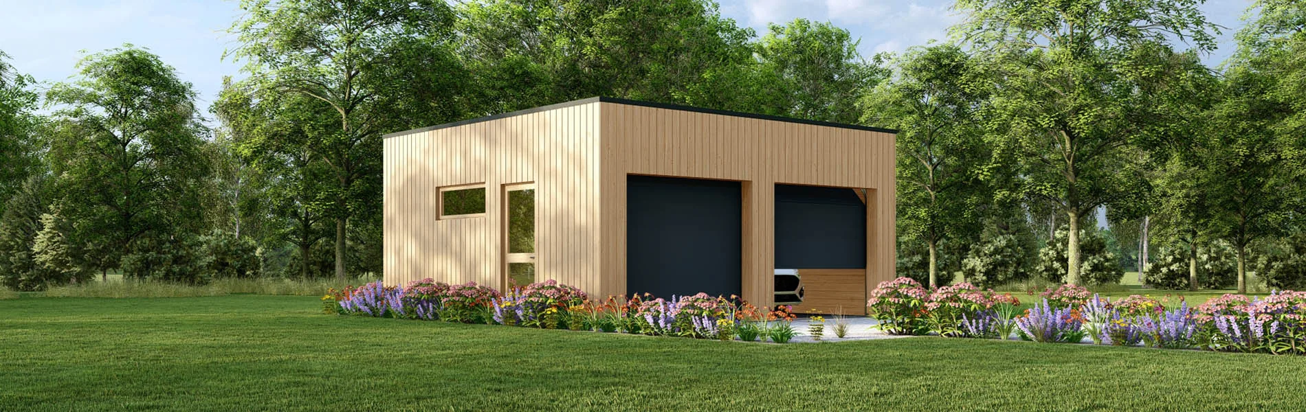 Holzgarage mit Flachdach Aster, 6×6 m, BF 37 m2 mit Sektionaltoren 1