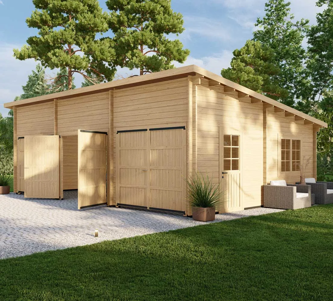 Holzgarage mit Pultdach Pinus, 9x6 m, BF 50 m2 mit Holztoren Holzgarage mit Pultdach Pinus, 9x6 m, BF 50 m2 mit Holztoren