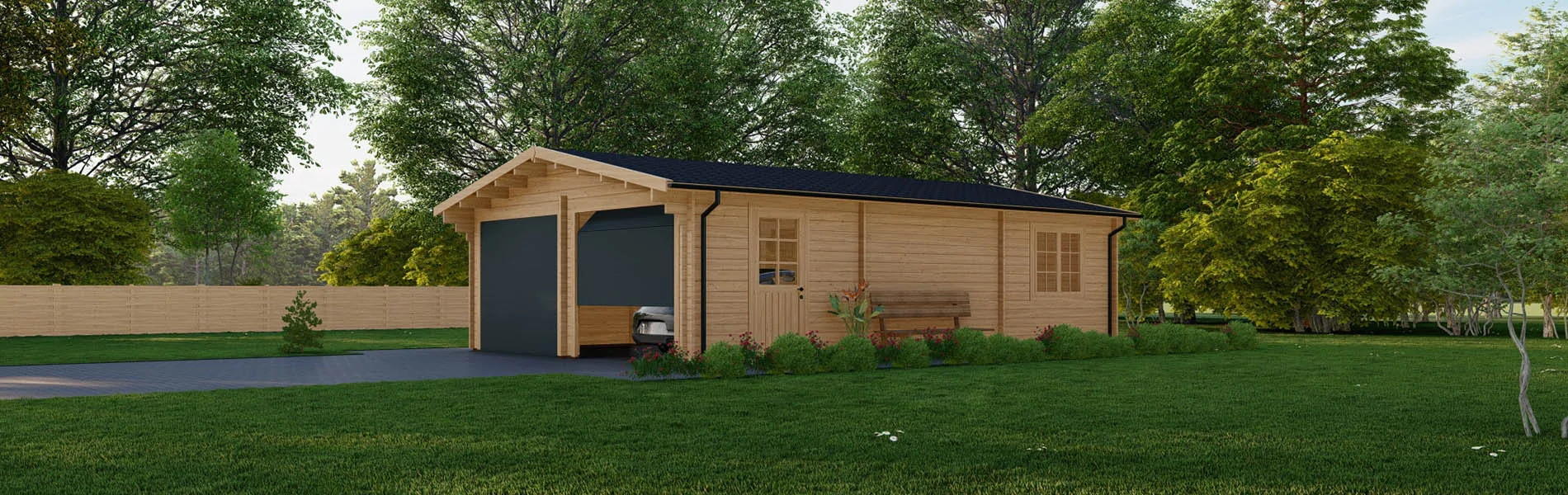 Doppelgarage aus Holz Laurus, 6×9 m, BF 50 m2 mit Sektionaltoren 1