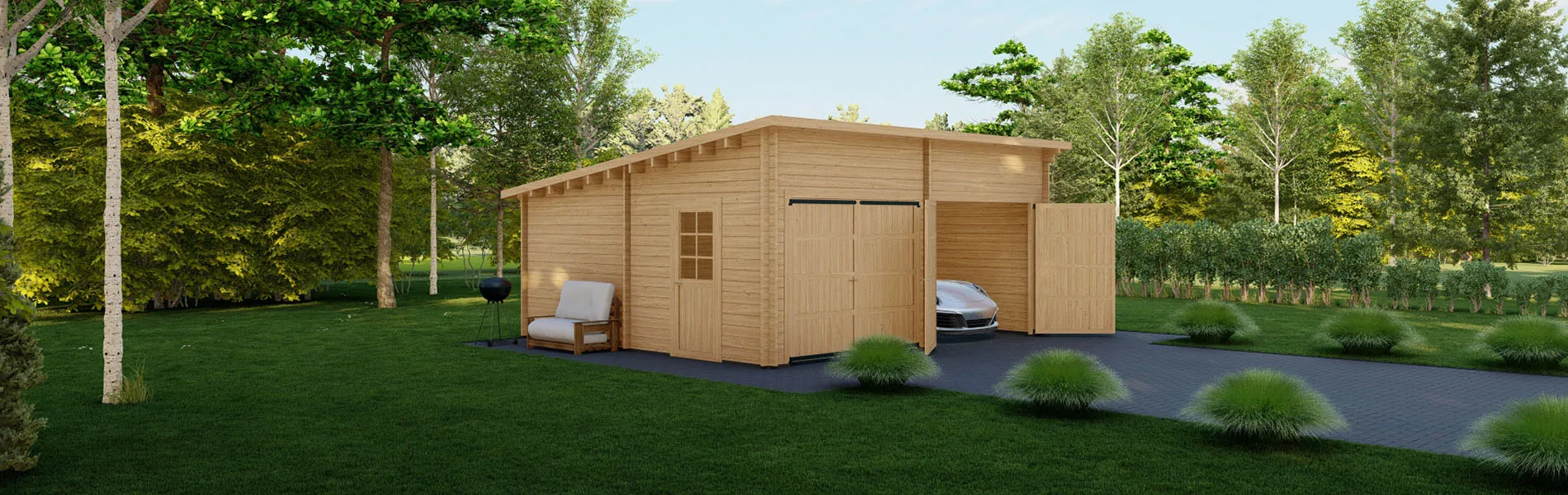 Holzgarage mit Pultdach Fagus V2, 6×6 m, BF 30 m2 mit Holztoren 1