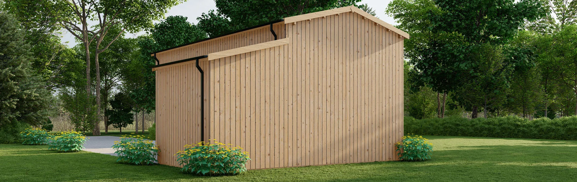 Wohnmobil garage Betula mit Holzverkleidung, 4×8 m, BF 40 m2 mit Abstellraum ohne Tor 3