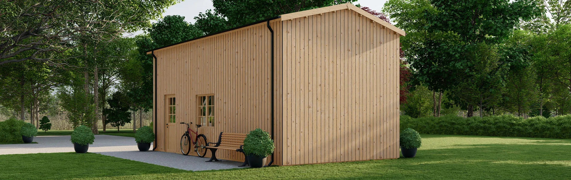 Wohnmobil garage Betula mit Holzverkleidung, 4×8 m, BF 33 m2 mit Sektionaltor 2